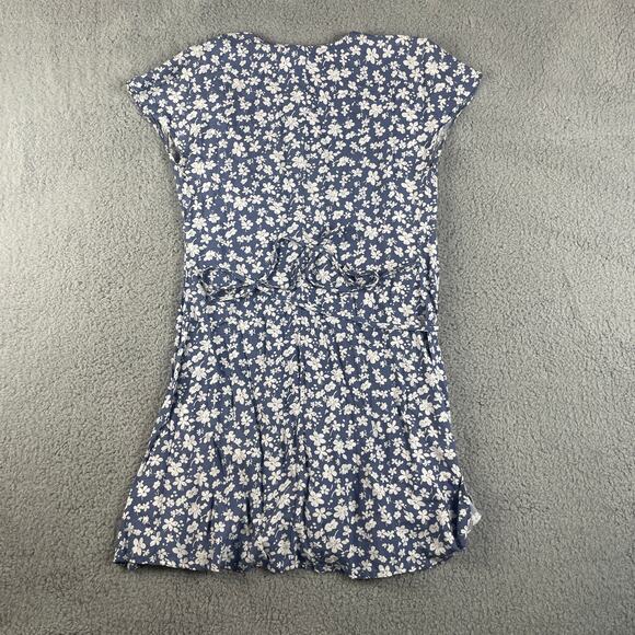 Divided H&M Women's US 8 Blue White Flower Viscose Short Sleeve Tie Waist Dress - Picture 9 of 10